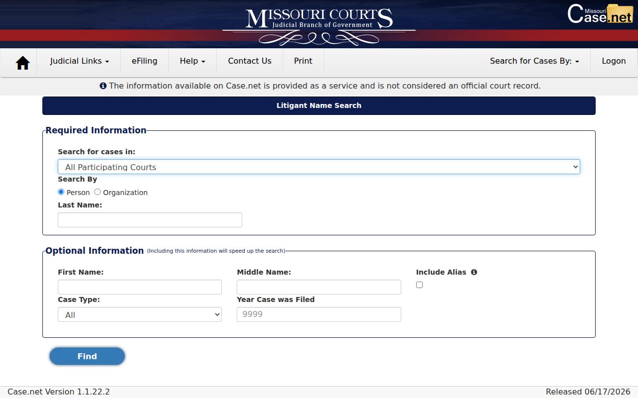 Macon County criminal court case litigant search fields