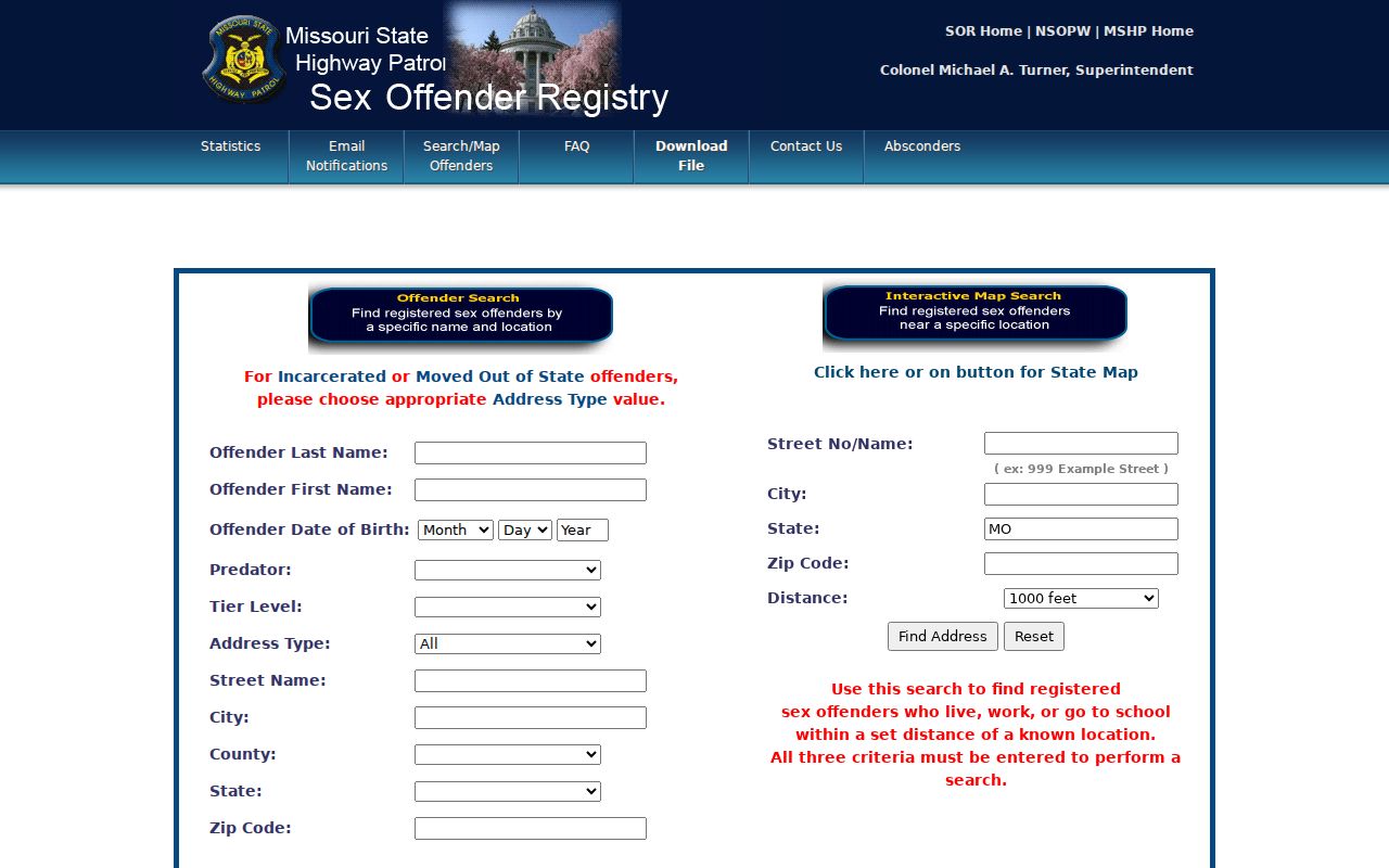 Macon County sex offender lookup fields in the Missouri registry